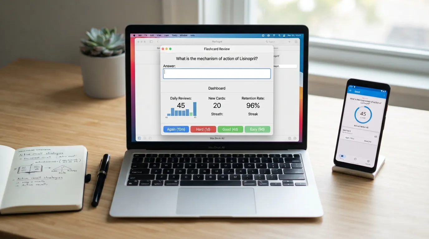 Screenshot of digital study tools like Anki and Quizlet on a laptop screen, illustrating spaced repetition software for effective studying.