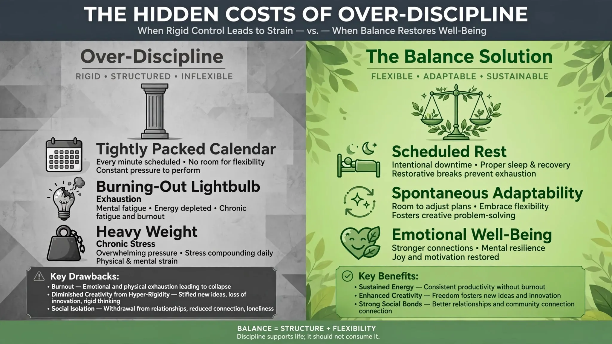 Infographic illustrating the disadvantages of rigid discipline and the importance of balance, burnout prevention, and flexibility in daily routines.