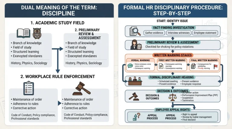 Comprehensive infographic detailing the dual meaning of disciplinary, workplace action stages, and formal HR procedures.