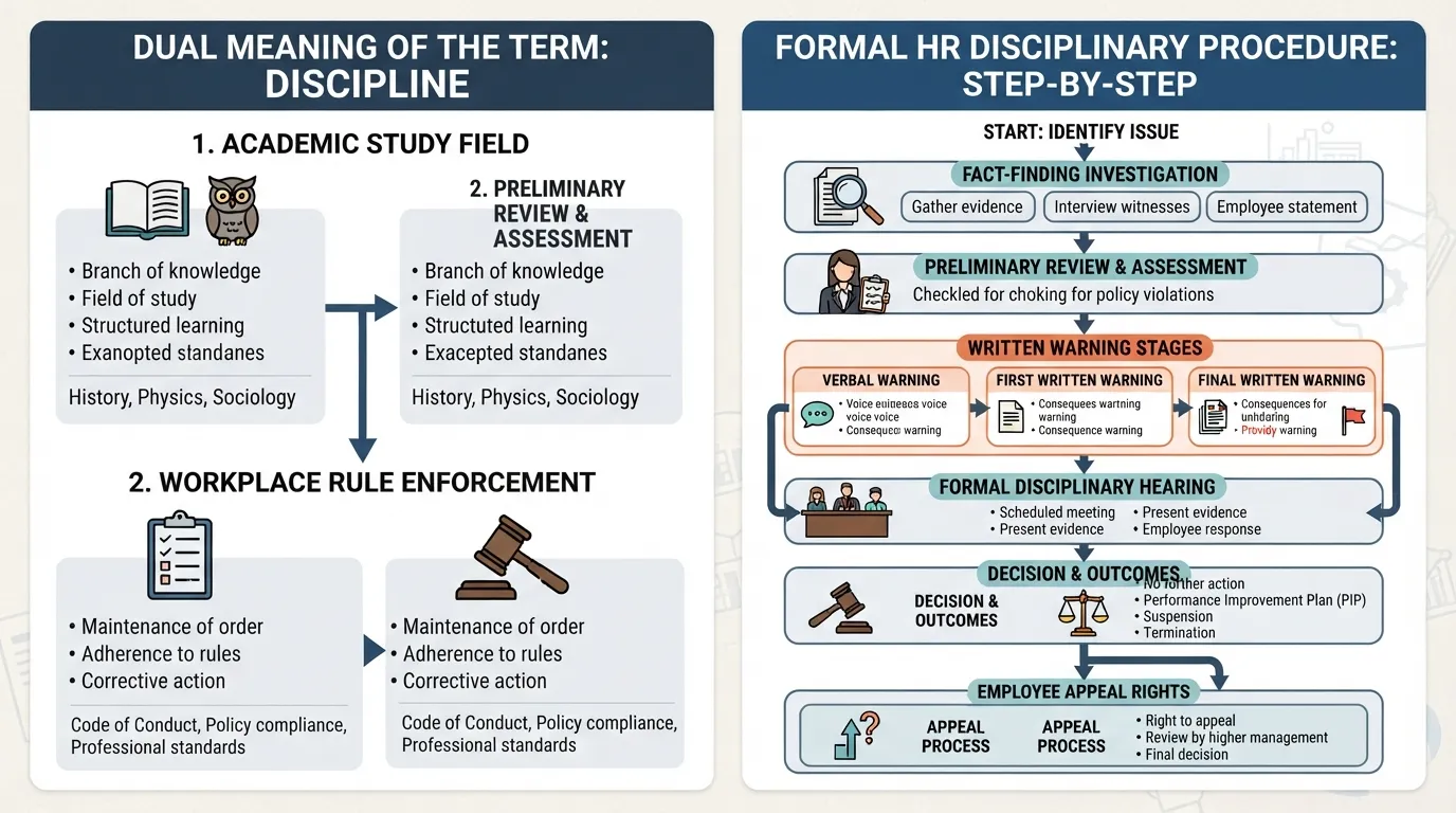 Comprehensive infographic detailing the dual meaning of disciplinary, workplace action stages, and formal HR procedures.