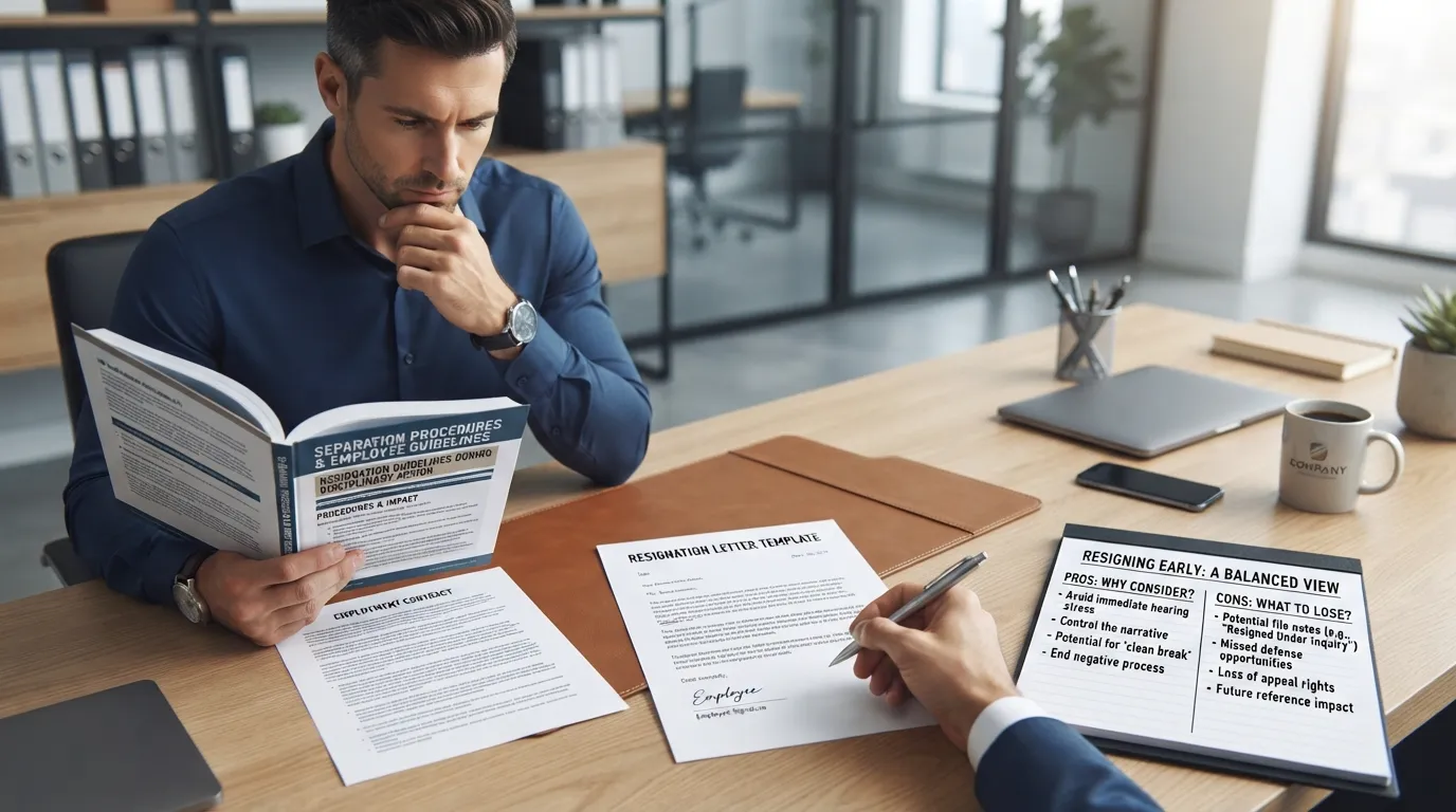 An employee reviewing resignation documents and employment contract while sitting at a desk before a disciplinary hearing.