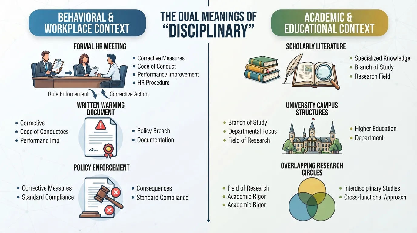 Split-screen illustration comparing the two core meanings of disciplinary, showing rule enforcement in a workplace setting on one side and an academic field of study on the other.