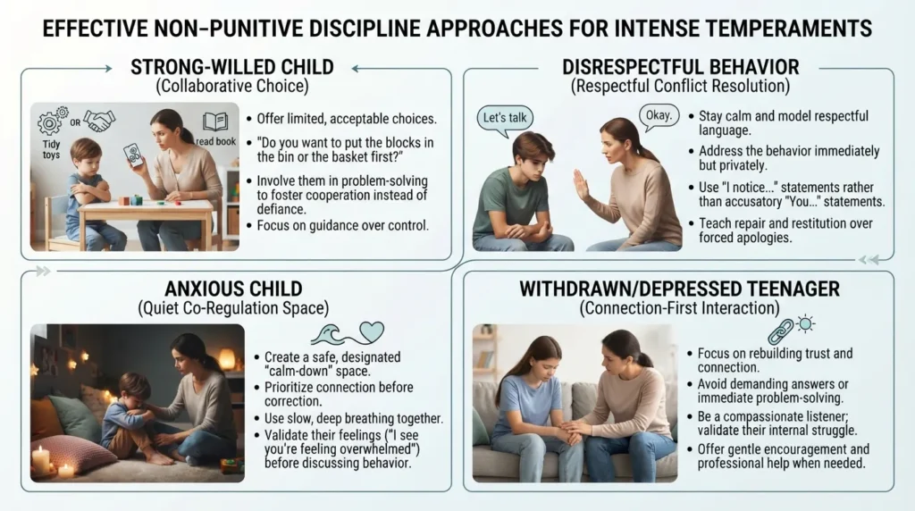 A parent calmly communicating with a strong-willed child while using collaborative strategies instead of punishment.