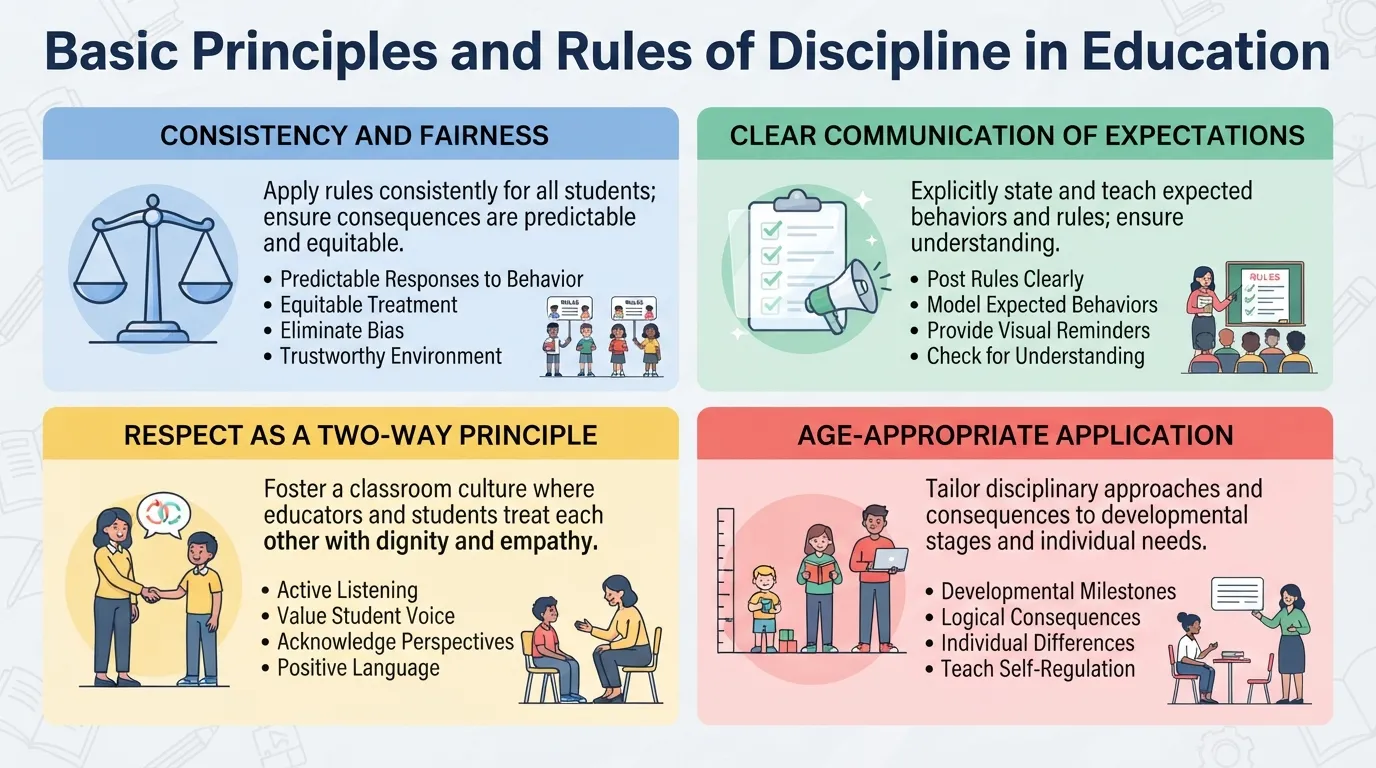 A teacher explaining classroom rules and discipline principles to students in an organized, fair learning environment.