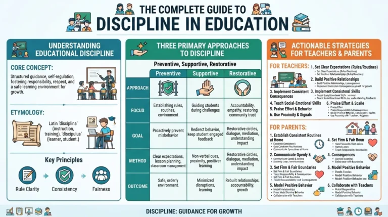 A comprehensive visual guide breaking down the complete definition, core types, and effective strategies of discipline in education.