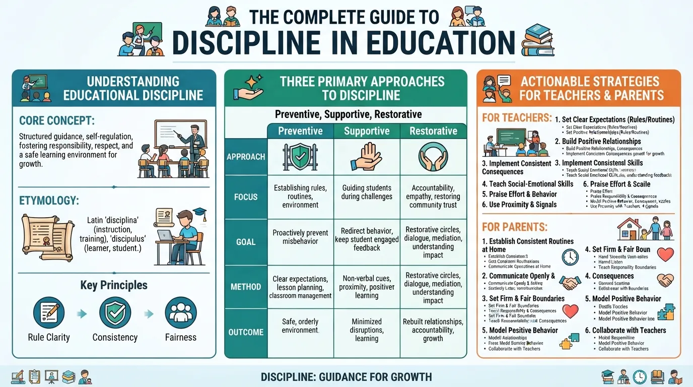 A comprehensive visual guide breaking down the complete definition, core types, and effective strategies of discipline in education.