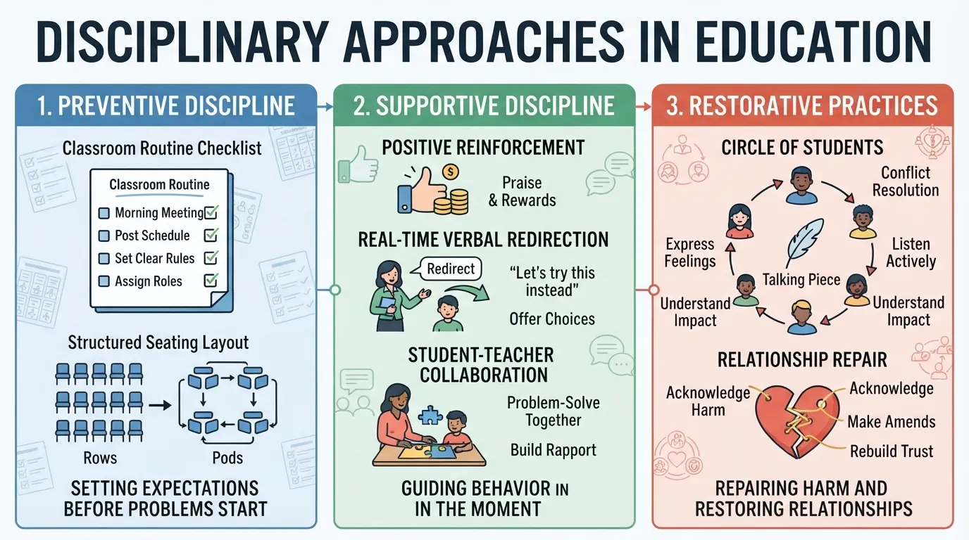 A structured infographic illustrating the three core approaches to discipline in education: preventive discipline, supportive discipline, and restorative practices.