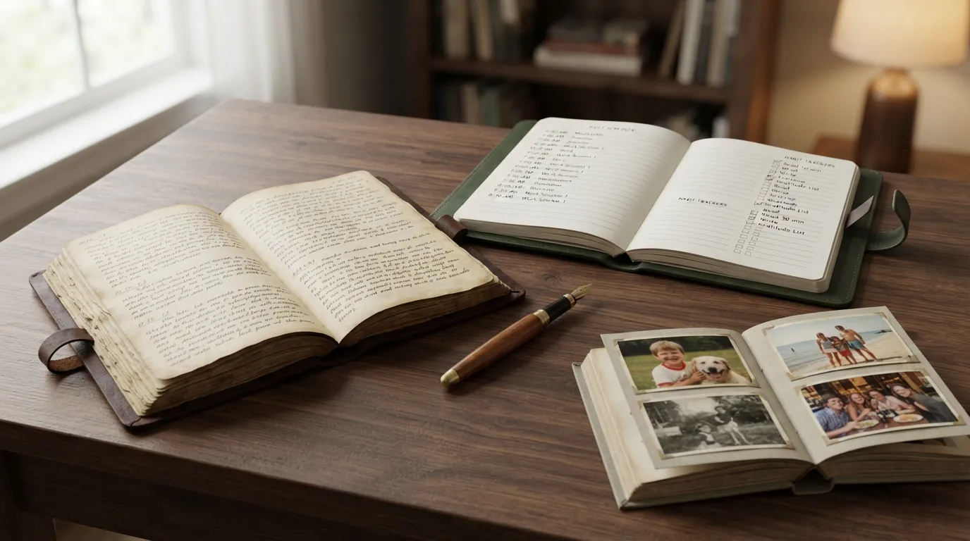 A person journaling at a quiet wooden desk surrounded by warm morning light, old photo albums, and a structured daily planner, representing personal reflections on discipline and life memories.
