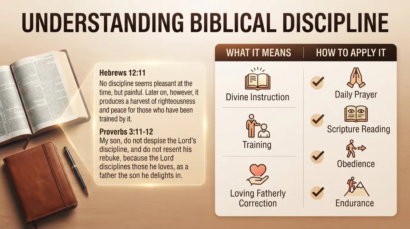 Infographic illustrating biblical discipline, showing a person studying an open Bible with a journal, symbolizing spiritual growth, self-control, and God's loving correction.