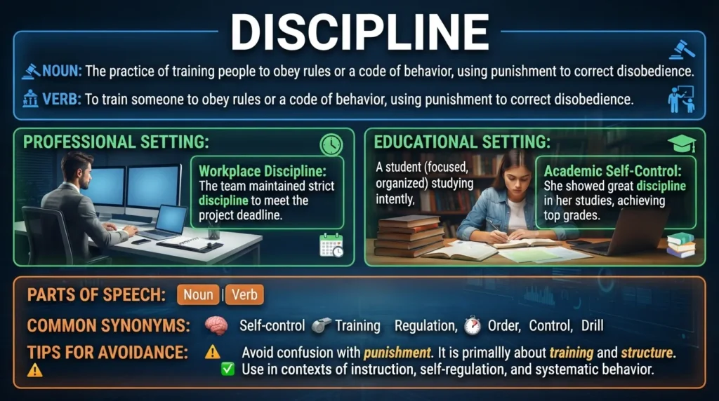 Infographic showing the definition of discipline used in a sentence with clear examples and a grammatical usage guide.