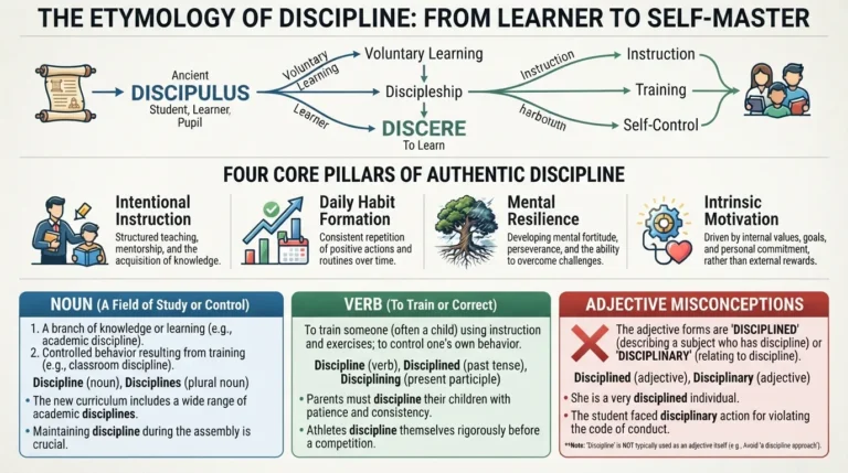 Infographic chart explaining whether discipline functions as a noun, verb, or adjective with grammatical examples.