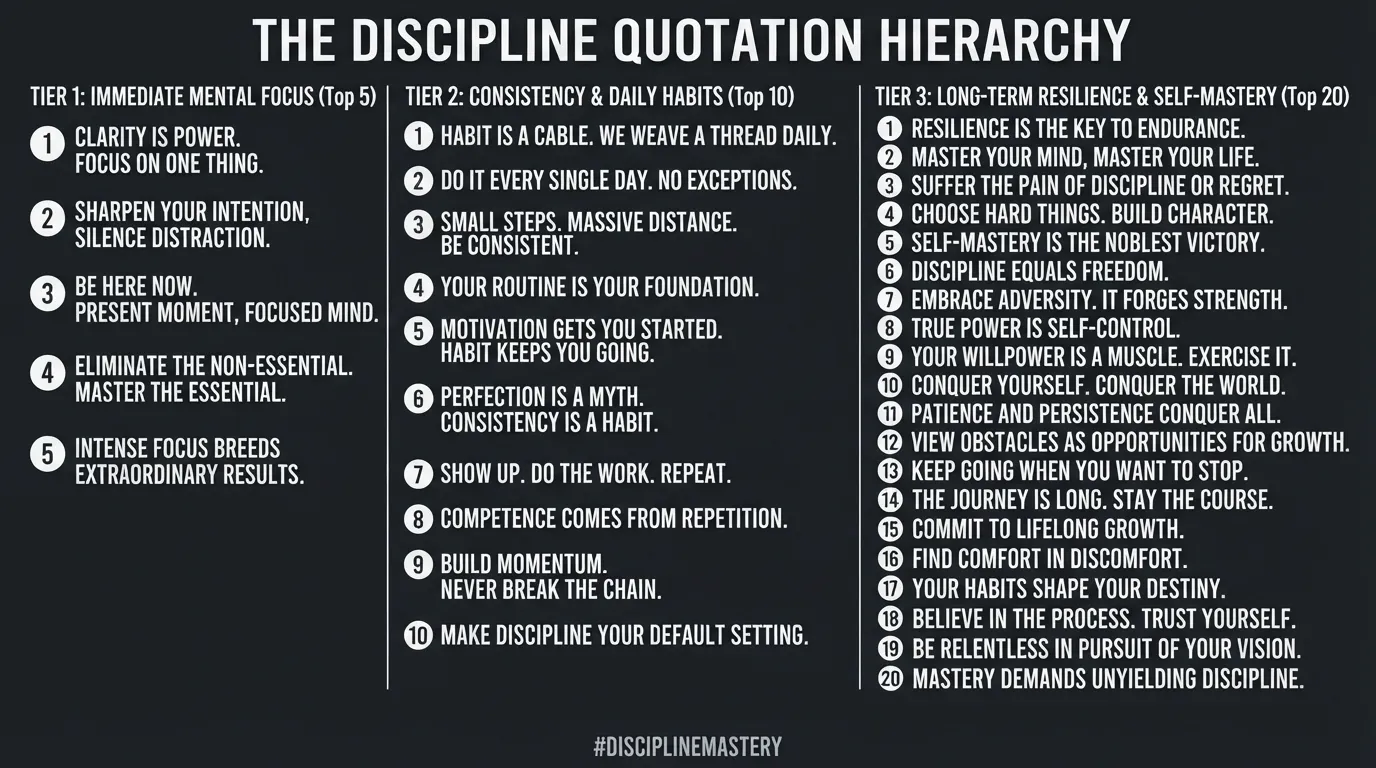 Infographic displaying top discipline quotes broken down into numbered lists of 5, 10, and 20 for daily motivation and focus.