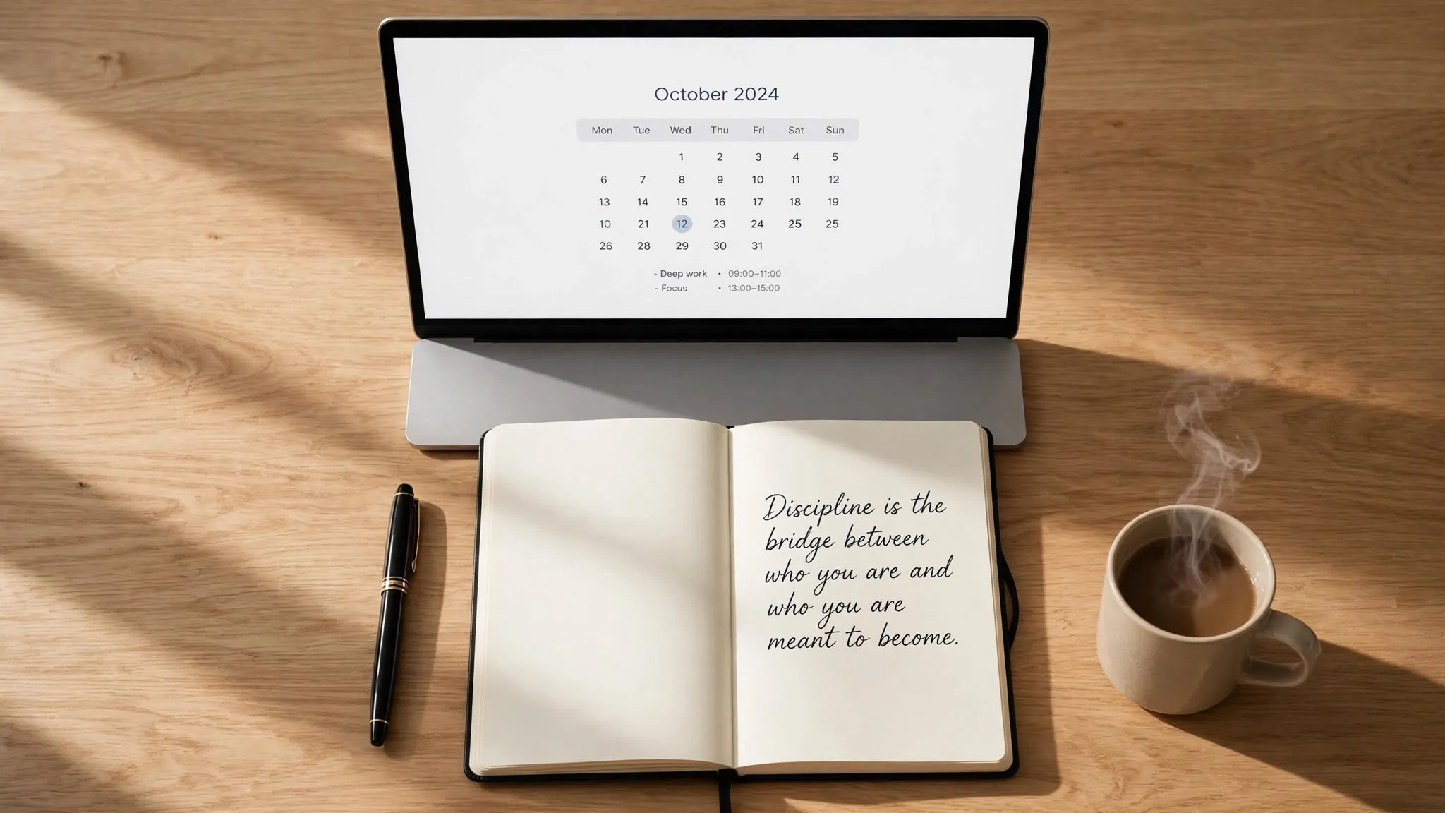 An inspiring workspace featuring a handwritten discipline quote on a notepad, surrounded by a minimalist laptop setup and a hot cup of coffee, symbolizing daily focus and willpower.