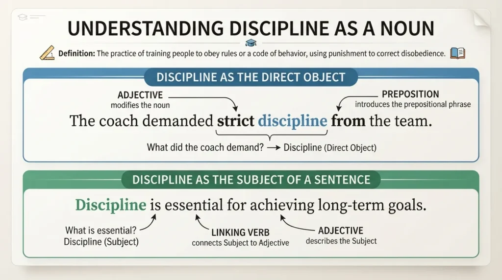 An infographic displaying grammatical examples of the word discipline used as a noun in a sentence, highlighting its role as a subject and object.