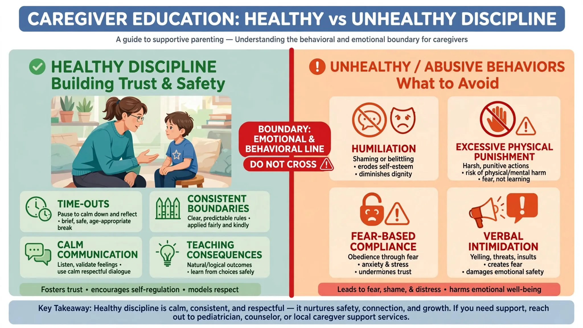 A side-by-side visual comparison illustrating the boundary between healthy parental discipline and emotional or physical abuse.
