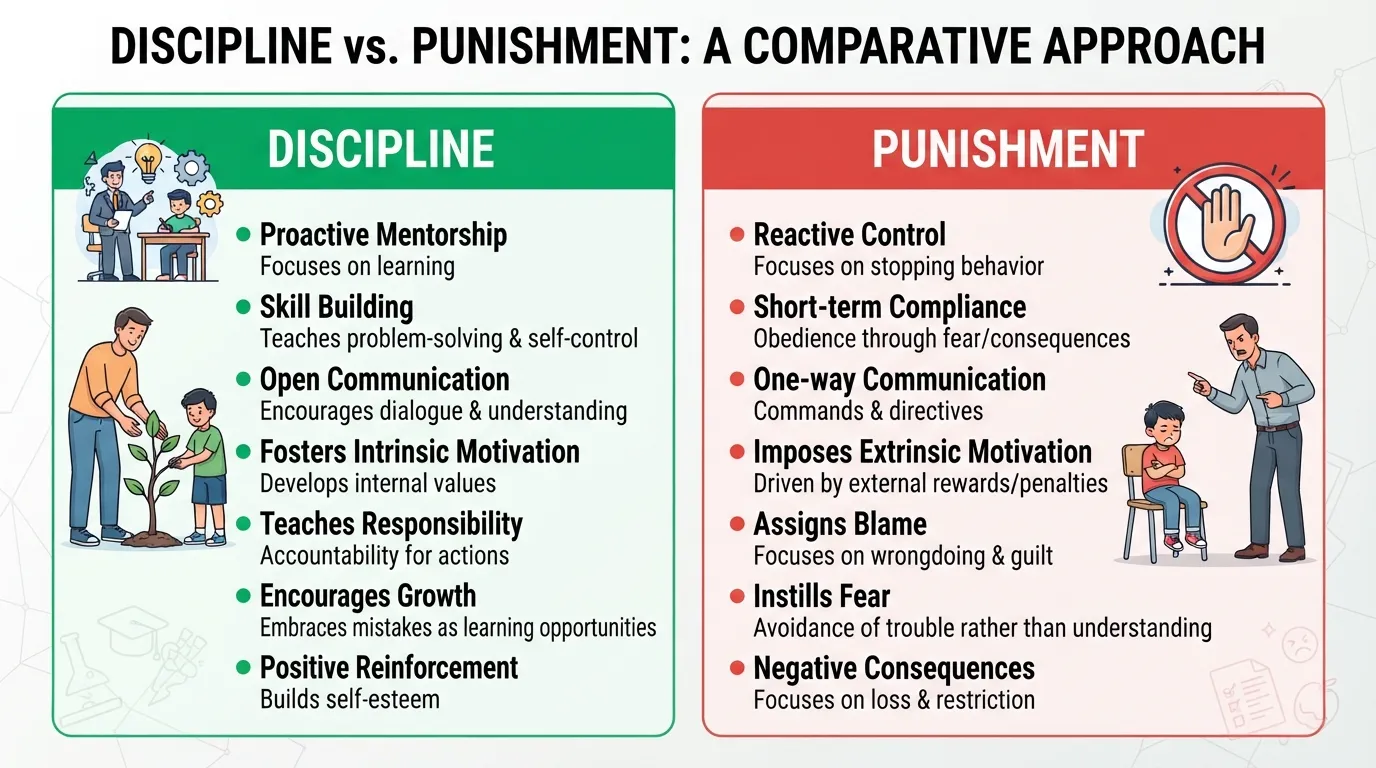 A side-by-side comparison chart illustrating the differences between positive discipline and punitive punishment in a classroom setting.