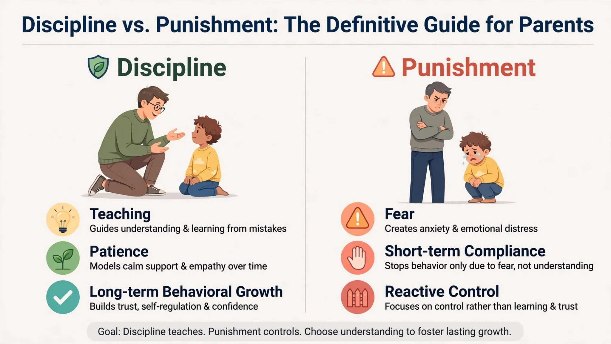 A visual comparison infographic showing a parent calmly setting gentle boundaries with a child representing discipline versus an upset parent scolding a child representing punishment.