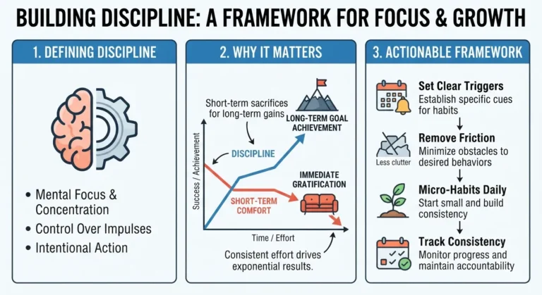 Infographic breaking down discipline, showing its core definition, why it matters for long-term success, and a step-by-step framework to build daily self-discipline habits.