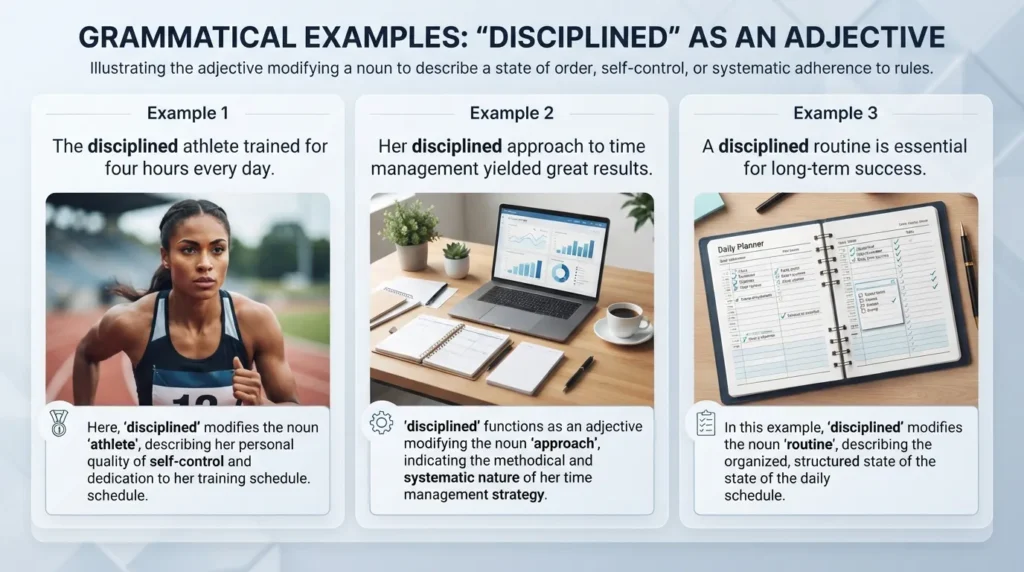 Infographic showing examples of the word disciplined used as an adjective in sentences, describing focused and well-organized people or routines.
