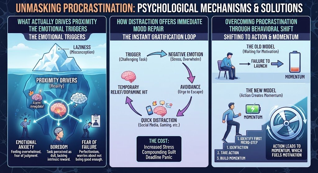 An infographic showing the psychological roots of procrastination, contrasting emotional avoidance and fear of failure with instant gratification.