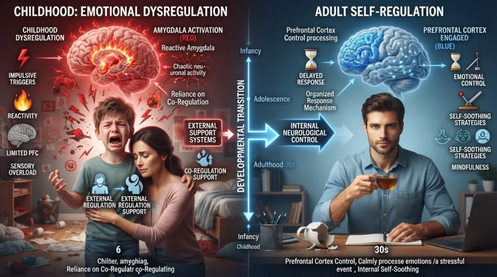 Infographic comparing emotional self-regulation in children versus adults, highlighting developmental differences in brain maturity and behavioral responses.