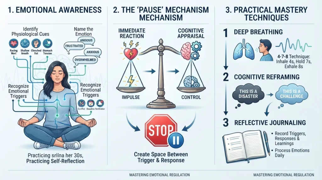 Infographic illustrating emotional self-regulation, showing the cycle of recognizing triggers, managing emotional responses, and applying coping strategies for better mental well-being.
