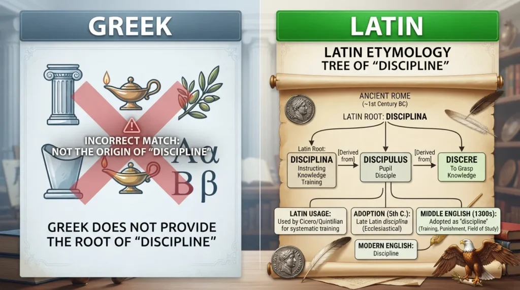 Etymological breakdown of the word discipline, showing its roots in Latin rather than Greek.
