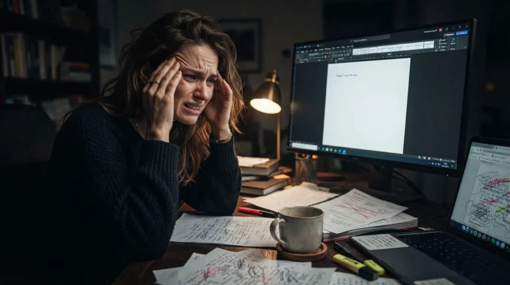 A stressed professional staring at a blank laptop screen, representing how fear of failure and perfectionism trigger task procrastination.