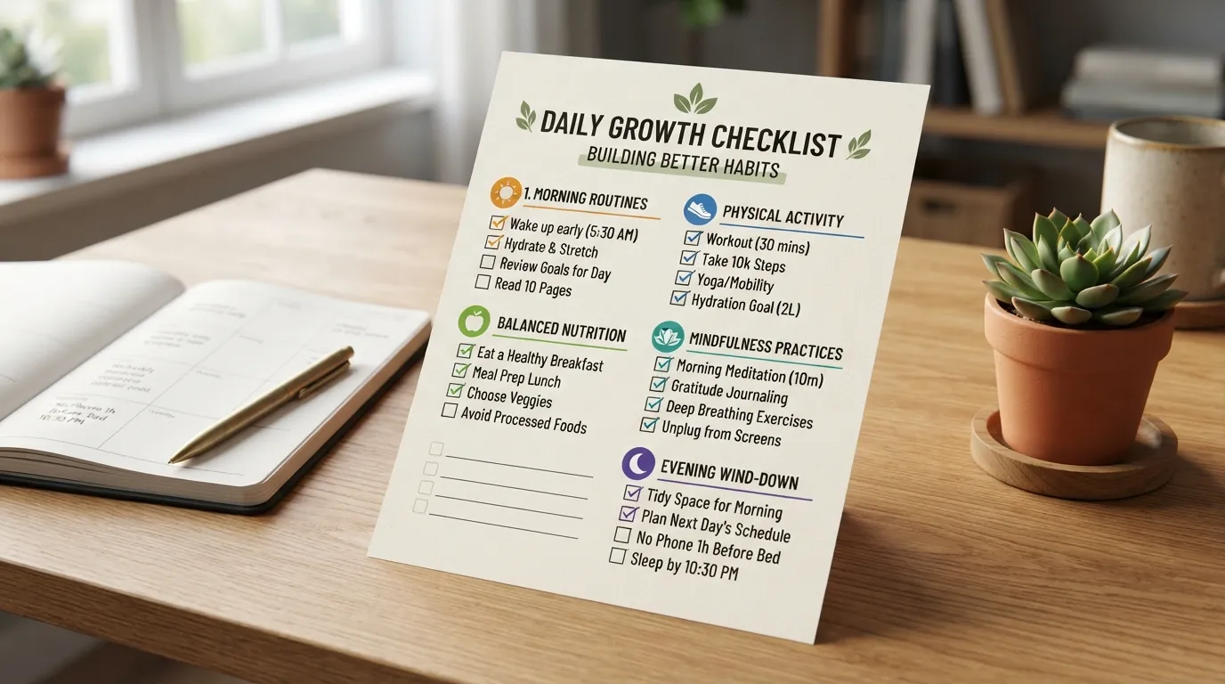 A neatly organized checklist and daily planner showing actionable good habits and personal growth examples to start today.