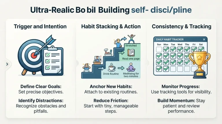 A step-by-step framework diagram illustrating daily goal setting, habit stacking, and consistency tracking for developing self-discipline.