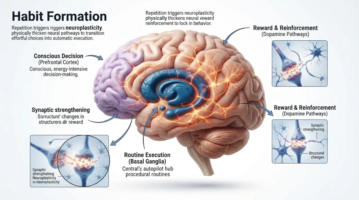 Infographic illustrating the brain science of habit formation, showing the basal ganglia autopilot system, dopamine reward signaling, and prefrontal cortex decision-making pathways.