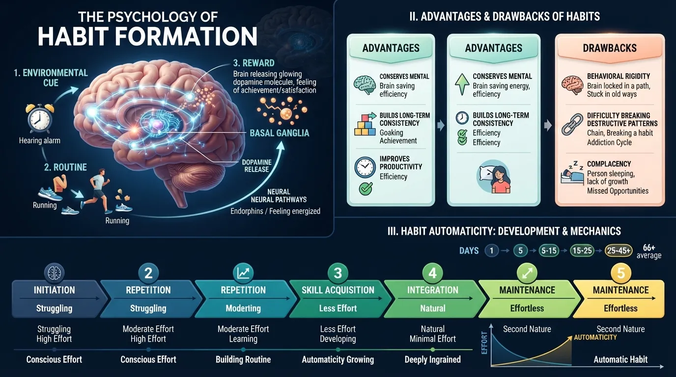 Infographic illustrating the psychology of habit formation in the brain, showing the neural loop process alongside key benefits and drawbacks.