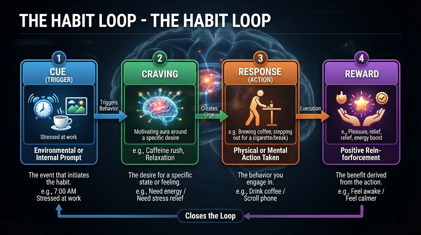 Infographic diagram illustrating the four stages of the habit loop—cue, craving, response, and reward—explaining why habits form in the brain.