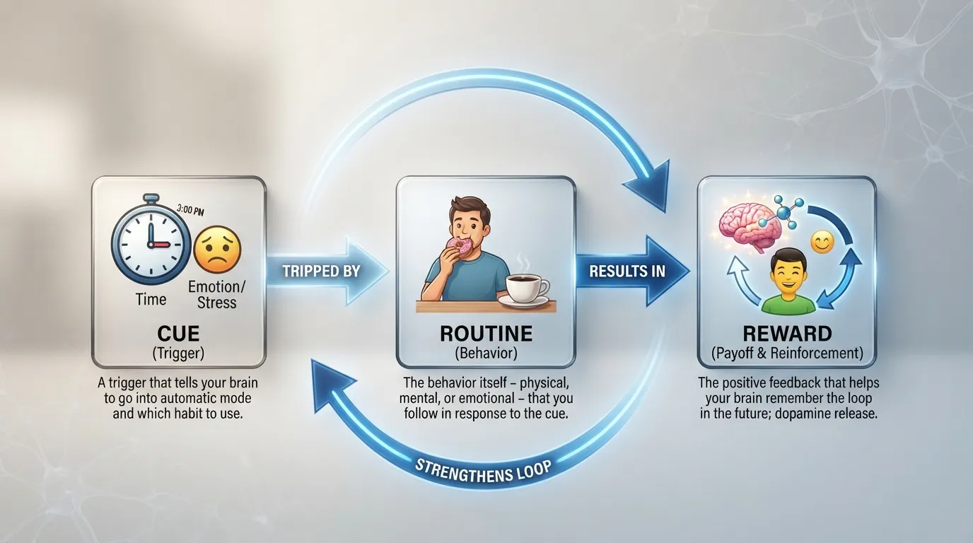 Infographic diagram illustrating the three-stage habit loop cycle, showing a cue leading to a routine and finishing with a reward.