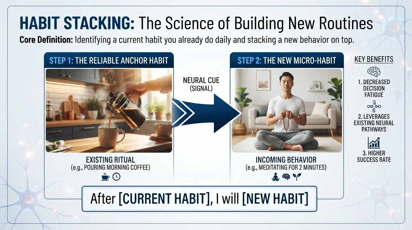 A visual infographic illustrating the habit stacking formula, linking a current daily anchor habit to a new habit.
