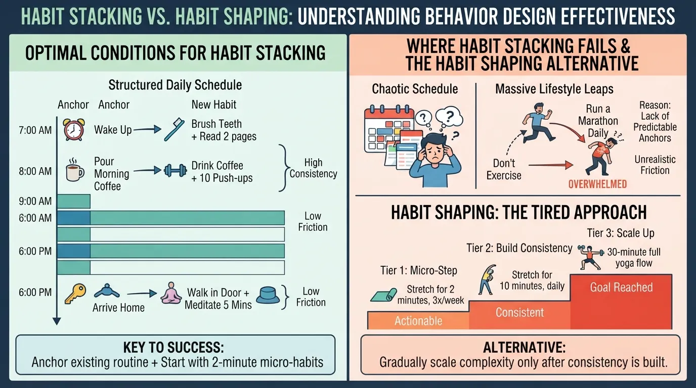 A balanced infographic comparing the effectiveness of habit stacking, realistic success rates, and alternative habit shaping methods for building daily routines.