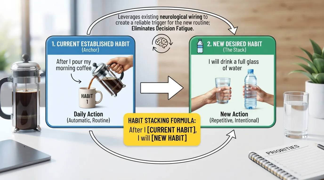 Infographic illustrating the habit stacking formula, showing how an existing daily habit serves as a trigger for a new behavior.