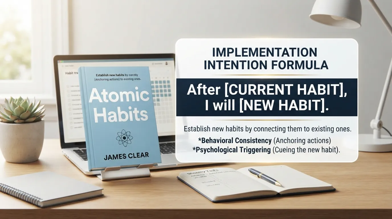 James Clear explaining the habit stacking formula from Atomic Habits in a clean, professional book layout.