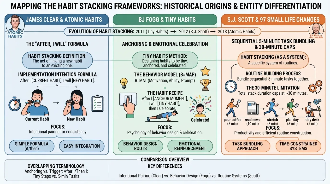 Infographic diagram illustrating the origins of habit stacking, comparing James Clear, BJ Fogg, and S.J. Scott frameworks.