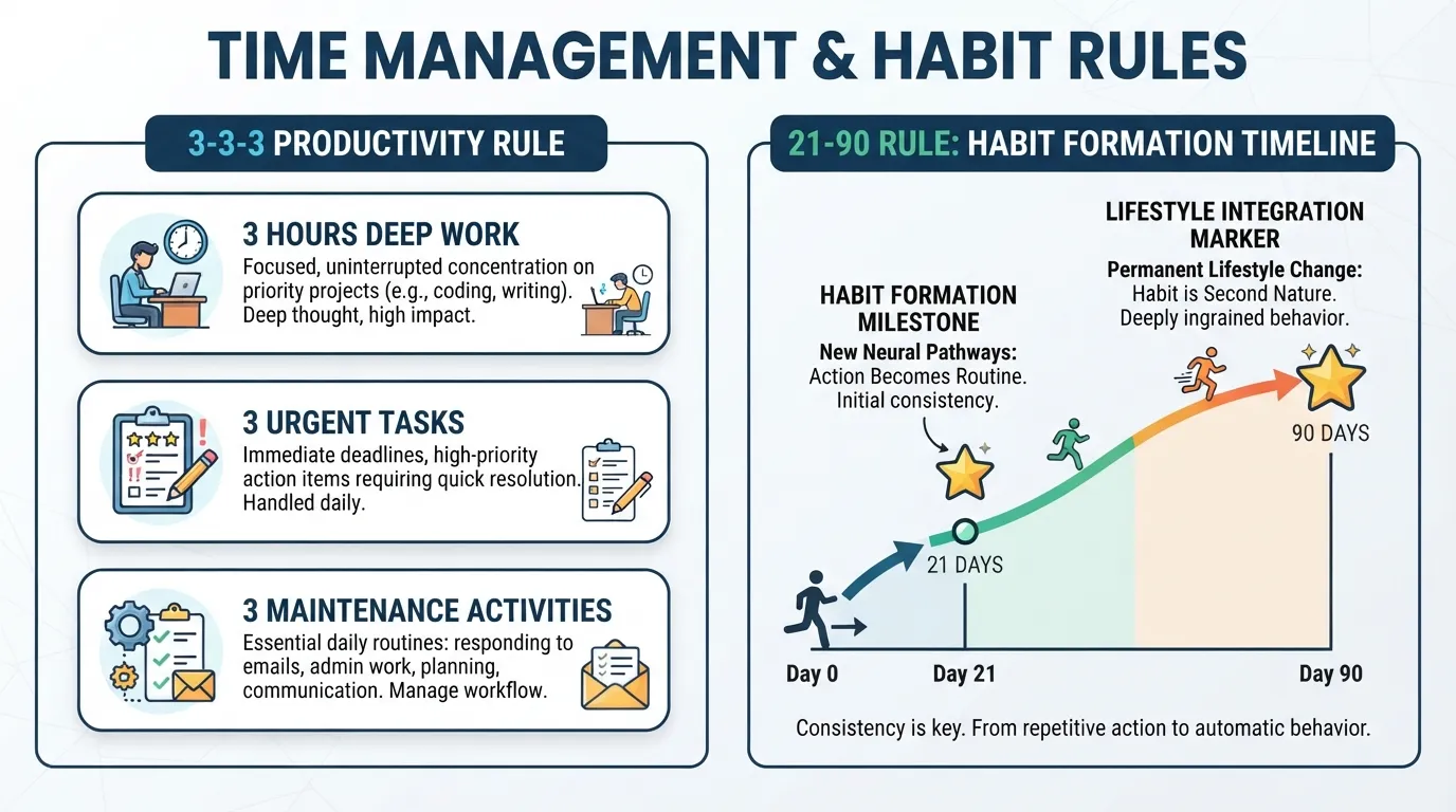 Infographic illustrating the 3-3-3 rule for deep work and the 21-90 rule for habit formation in habit stacking.