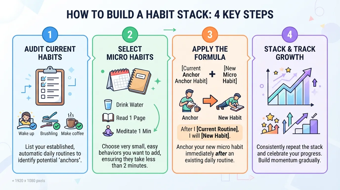 A person following a step-by-step habit stacking framework to build a new daily routine.