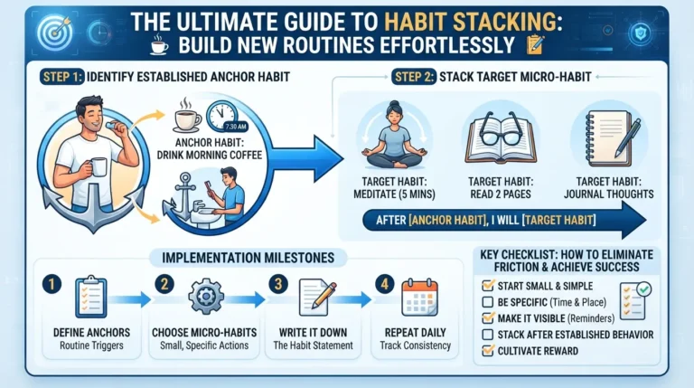 An infographic showing the habit stacking formula with a current habit linked to a new habit using a morning coffee routine as an anchor.