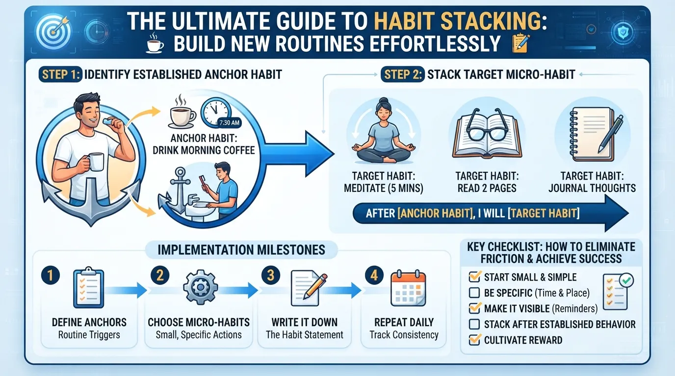 An infographic showing the habit stacking formula with a current habit linked to a new habit using a morning coffee routine as an anchor.