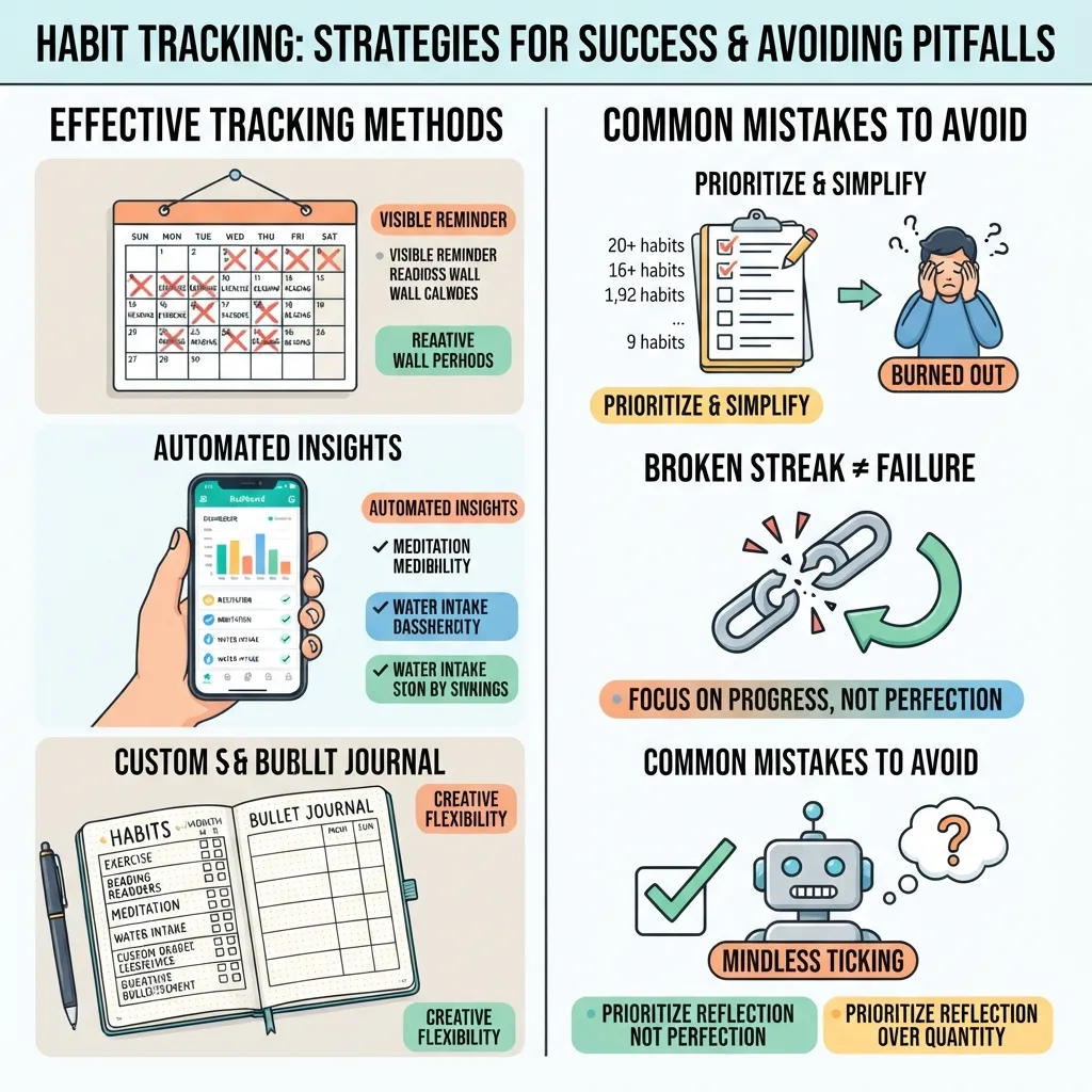 An organized habit tracking setup featuring a physical wall checklist, a mobile tracking app, and a bullet journal to monitor daily routines.