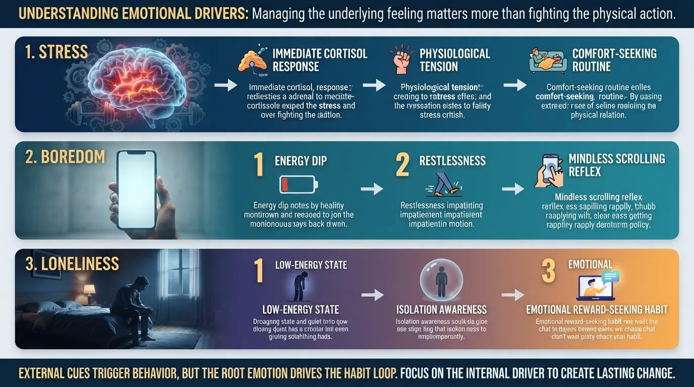 Infographic illustrating why emotional states like stress, boredom, and loneliness act as powerful internal habit triggers that drive automatic loops.