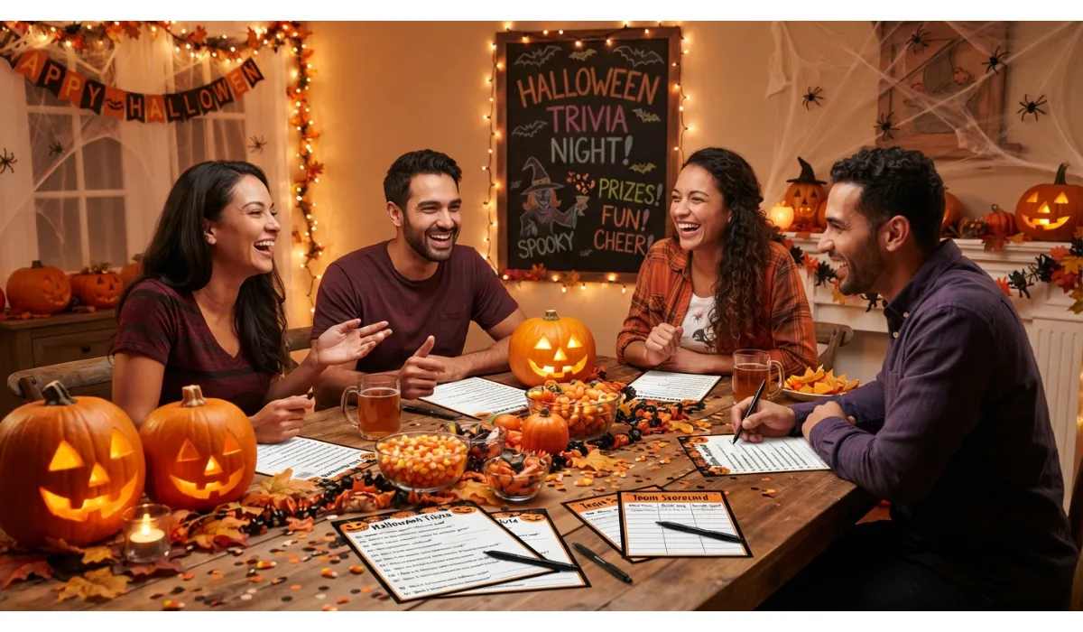 A group of friends and family enjoying a festive Halloween trivia game night with pumpkins, spooky decorations, and quiz sheets.