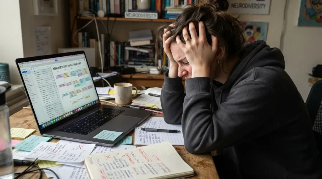 A person staring at a laptop screen looking overwhelmed, representing how ADHD affects task initiation and executive dysfunction.