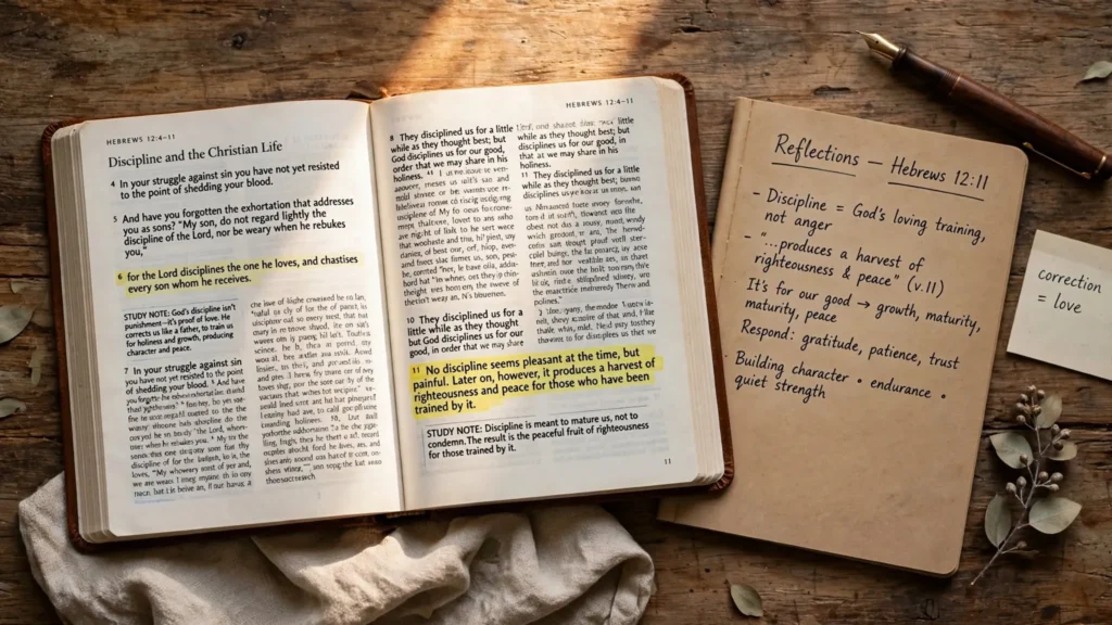 A person studying an open Bible with a pen and highlighter, illustrating how God disciplines believers through Scripture and spiritual guidance.