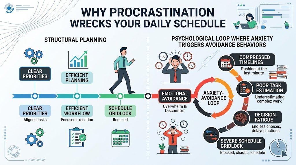 An infographic flowchart illustrating how emotional avoidance and anxiety disrupt time management, causing missed deadlines and schedule collapse.