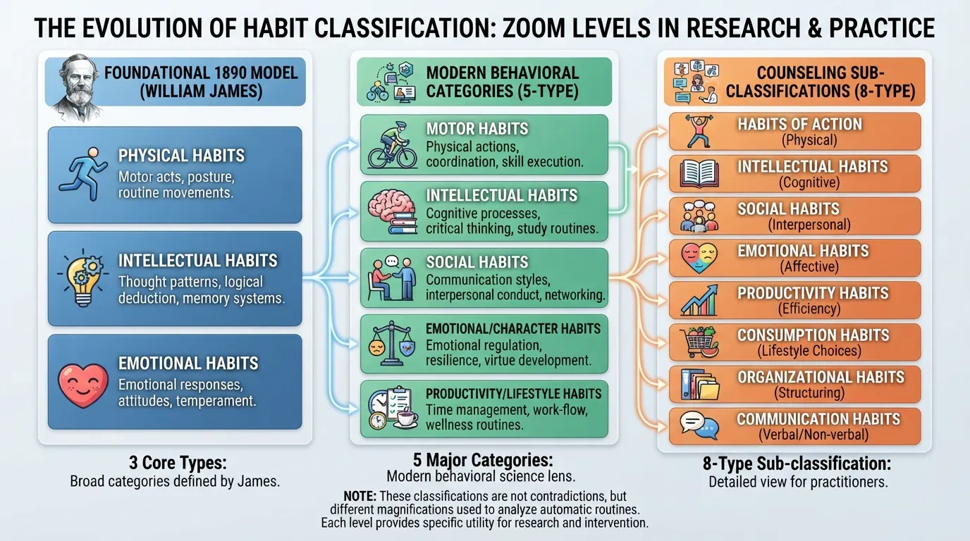 Infographic comparing different psychological habit frameworks, showing William James's 3 core types alongside modern 5-category models and 8-type counseling sub-classifications.